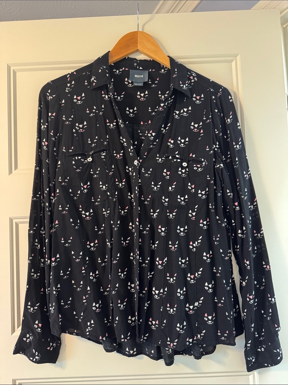 Maeve black, cat print button down shirt, size 10